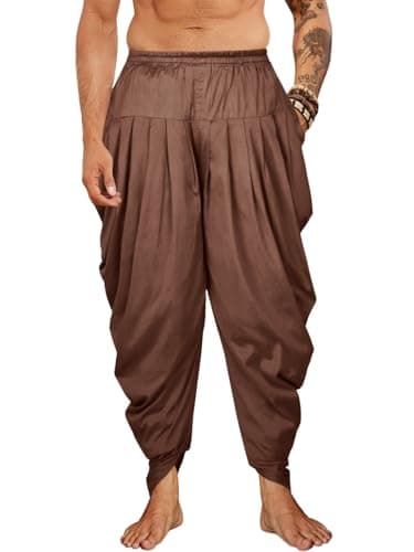 PASLTER Mens Kaftan Linen Cotton Pants Casual Kurta Elastic Waist Harem Baggy Yoga Pants Loose Fit Boho Hippie Trousers Brown