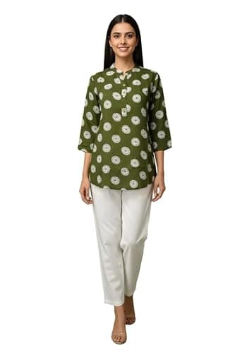 ANUSHIL Women’s Blue Cotton Printed Kurti Top | Stylish Casual & Office Wear | 3/4 Sleeve Straight Fit Kurta for Girls & Women