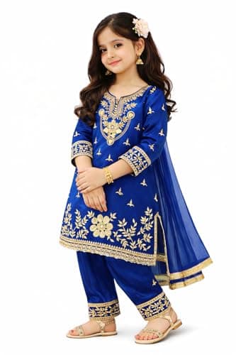 disson Girls Velvet Salwar Suit Set with Dupatta | Kurta Pant | Maroon, Blue & Black Festive Outfit | Ethnic Dress (US, Age, 3 Years, 4 Years, Blue)