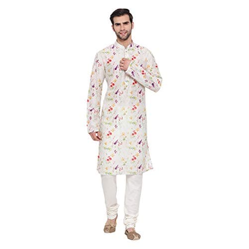 VASTRAMAY Men's Cream Cotton Blend Kurta Pyjama Set
