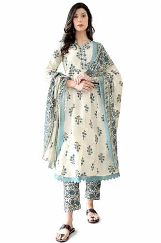 Women’s Flower Printed Kurta Pant Set with Dupatta | Cotton Blend Ethnic Indian Suit | Casual, Office & Festive Wear (Blue, Large)