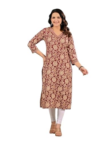 Ramkudi Womens Cotton Kurti – Printed Straight Fit Casual Wear | Daily Wear Indian Style Kurtis for Office, College & Outings Red