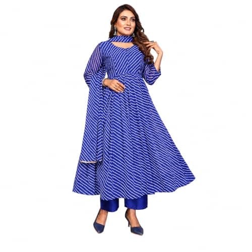7 HORSE Women Blue Weightless Striped Anarkali Kurta Set with Pants & Dupatta | 3-Piece Suit (Blue, XXL)