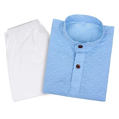 Superminis Baby Boys Ethnic Wear Colored Cotton Chikankari Kurta, Round Collar, Full Sleeves With White Pyjama (Sky Blue, 6-7 Years)