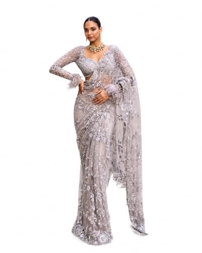 RETRO RETREAT COIN Women's Net Sequin Embroidery Sequence Saree Work With Unstitched Blouse Piece (Light grey)