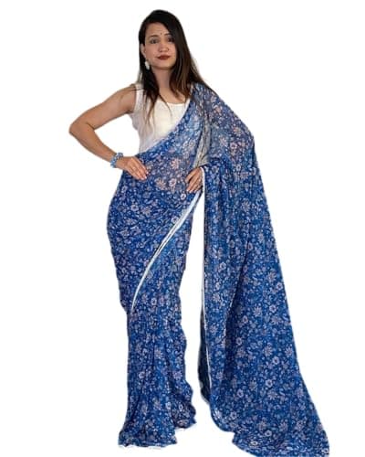 BE4ME.COM Ready to wear saree one min ready saree Pre draped pre-stitched sari with Unstitched Blouse (Bandhani BLue)