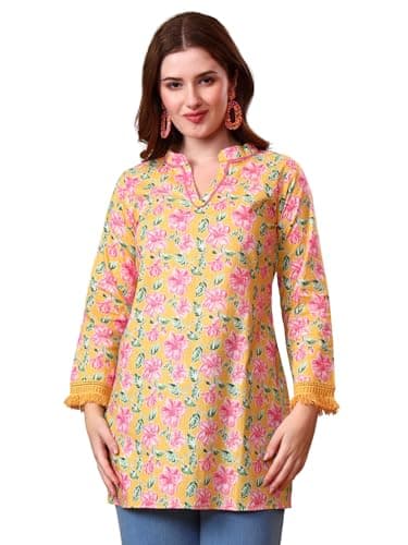 Tissu Women's Cotton Slub Yellow Floral Printed Lace Work Tunic Kurti (2320_Yellow_M)