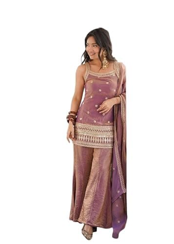 Polartail Women's Embroidered Kurta Sharara Set, Purple, Ethnic Wear with Dupatta (US, Numeric, 38, Regular, Regular, Purple)