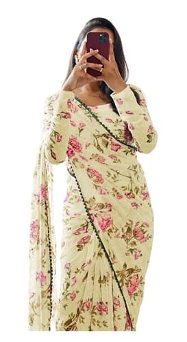 Sidhidata Women's Georgette Digital Printed Ready To Wear one Minute Saree With Unstitched Blouse Piece (Lemon)
