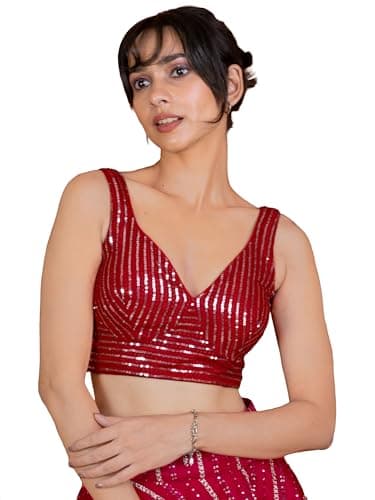 FIGURE'S DESIGNER Women's Sequin Embroidered SabyaSachi Cut Sweetheart V Neck Sleeveless Readymade Saree Blouse E30
