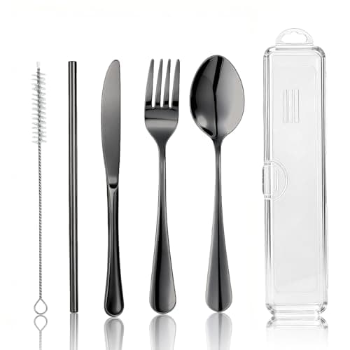 Travel Camping Utensils with Case, 6 Pcs Reusable Stainless Steel Silverware Cutlery Set, Spoon, Fork, Knife + Straw/Brush Kit for Camping, Travel, Office, Lunch Box, Eco On-the-Go (black)