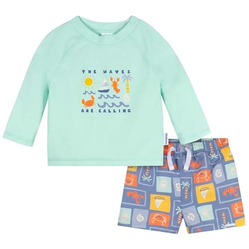 Gerber Baby-Boys Toddler Long Sleeved Rashguard Swim Bathing Suit Set, Green Stamps, 6-9 Months