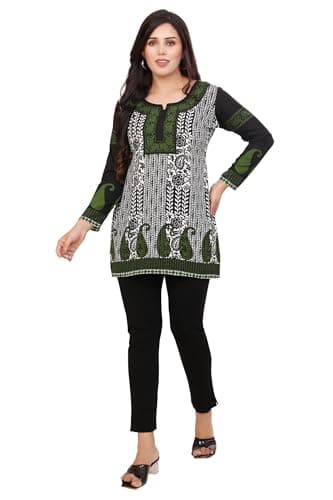 Maple Clothing Short Kurta India Tunic Top Kurti Women's Printed Indian Apparel (Black/Green, M)