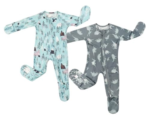 Vollmic Baby Boys Footie Pajamas Rayon Derived from Bamboo Cartoon Printed Sleepers for Newborn Boys 2 Packs Blue and Grey 0-9 Months 3-6 Months