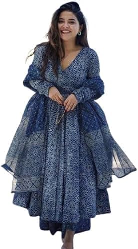 Women's Traditional Cotton Anarkali Printed Kurta with Pant & Dupatta (US, Alpha, Medium, Regular, Regular, Blue)