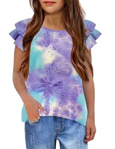 Arshiner Tie Dye Clothing for Girls Ruffle Short Sleeve Blouse Kids Summer Tee Shirts for Girls 7-8 Years