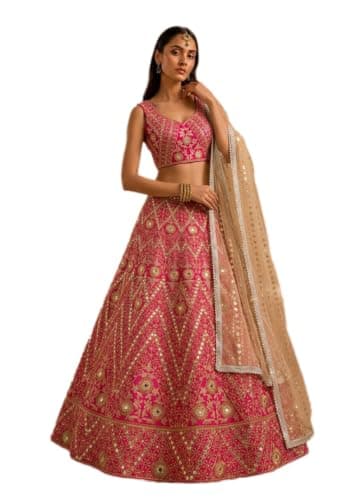 Indya Pink Embroidery Silk Blend Lehenga Choli for Wedding | Sleeveless | U Neck | Indian Ethnic Wear