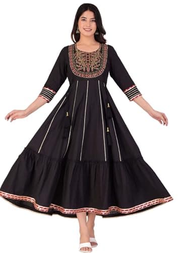 JG JAI GOVINDAM Cotton Anarkali Indian Kurti for Women Pakistani Wedding/Party Wear Designer Style Anarkali Suit for Women (US, Alpha, XX-Large, Regular, Regular, Black)