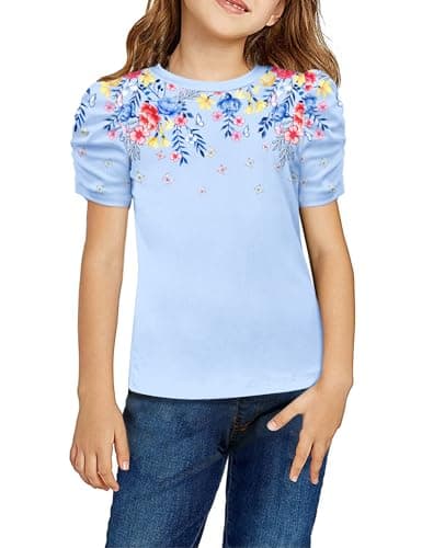 Arshiner Girls Tops Round Neck Summer Puff Sleeve Tshirts Fashion Casual Ribbed Knit Shirts Tee Blouse Floral Blue 7-8 Years