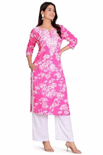 Aashita Creations Pink Floral Print Kurti with White Embroidered Palazzo Set, 3/4 Sleeve Tunic, Indian Ethnic Wear, White Embroided Pant (US, Alpha, Small, Regular, Regular, Pink)