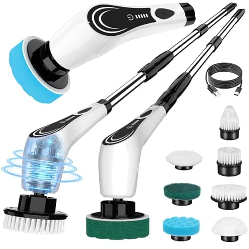 Lichffy Electric Spin Scrubber, Cordless Power Scrubber with 7 Brush Heads &Telescopic Handle, Lightweight Bathroom Scrubber for Cleaning Tile Grout Tub Shower Floor Window, White-rx2