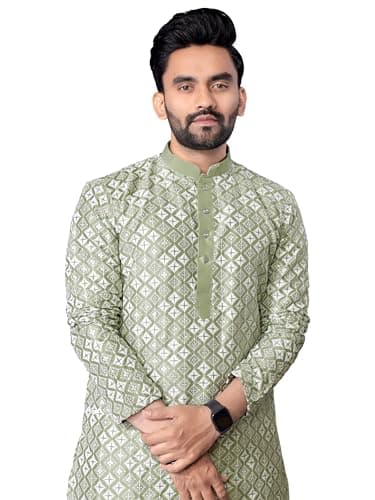 FOXDX Men’s Silk Kurta with Sequins Embroidery | Slim Fit Ethnic Wear for Wedding, Festive & Party (Pista, XL)