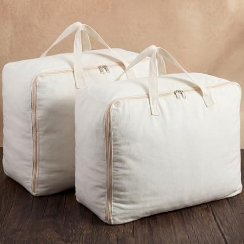 GliCraft 2 Pack 100% Cotton 21"x 15"x 10" White Canvas Sweater Comforter Storage Bag with Handles for Home Travel Beddings Pillow Blankets Saree Linens Organizer Thick Soft Breathable Closet Bags