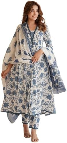 PARTHVI Rayon Women's Printed Anarkali Kurta With Palazzo & Dupatta Set (Small, White & Blue)