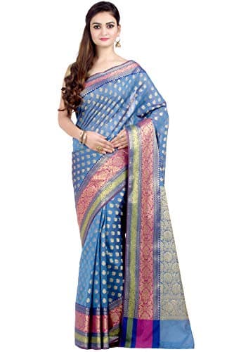 Chandrakala Women's Blue Cotton Silk Banarasi Saree,Free Size(1081BLU)