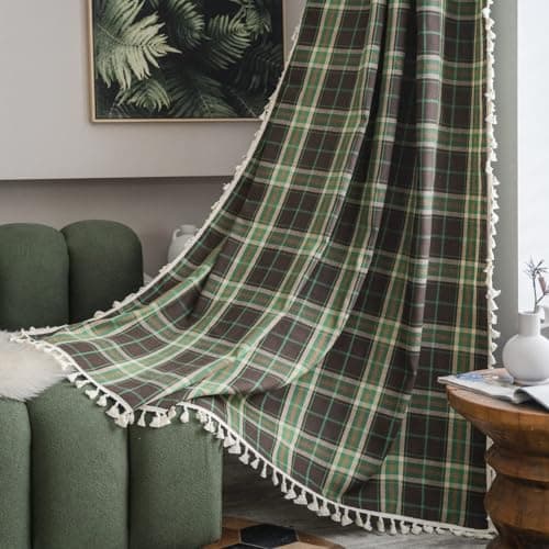 Sutuo Home Boho Curtains for Living Room Bedroom, Vintage Gingham Curtains Christmas Light Filtering Country Bohemian Tassels Vintage Chic Grid for Xmas Decor 1 Panel 52" W x 96" L, Dark Green Plaids