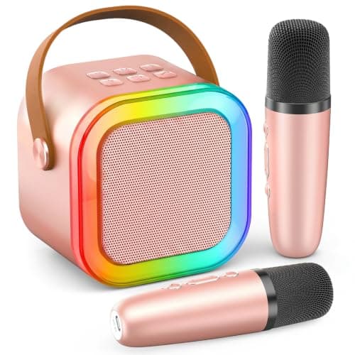 Mini Karaoke Machine for Kids Adults, 2026 TOP Personal Video Players Accessories Birthday Gifts for Girls Boys 3-8+ Toddler Toys, Portable Bluetooth Speaker with 2 Wireless Karaoke Mics(Rose Gold)