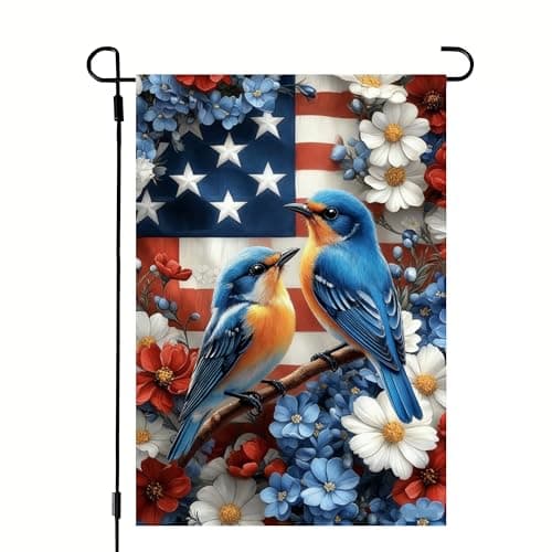 4th of July Patriotic Garden Flags for Outside 12x18 Double Sided, Small Burlap Flowers Bluebird Yard Flags Fourth of July Outdoor Decorations Independence Day Farmyards Garden Decor for Bird Lovers