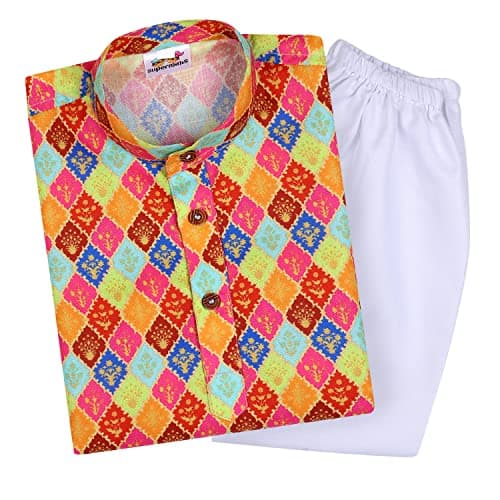 Superminis Baby Boys Printed Cotton Kurta With White Pyjama Dress (4-5 Years, Multicolor)