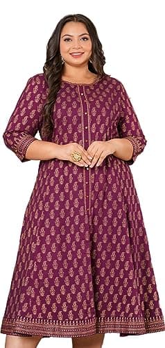 Yash Gallery Women's Cotton Gold Print Anarkali Kurta for Women (Wine,3XL)