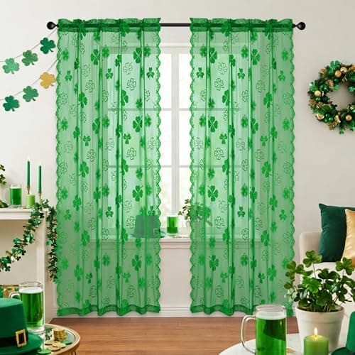Awnmeow St. Patrick's Day Curtains Lace, Irish Clover Embroidery Weave Sheer Curtains, Holiday Rod Pocket Shamrock Drapes for Living Room, Green 2 Panels 52 x 72 Inch