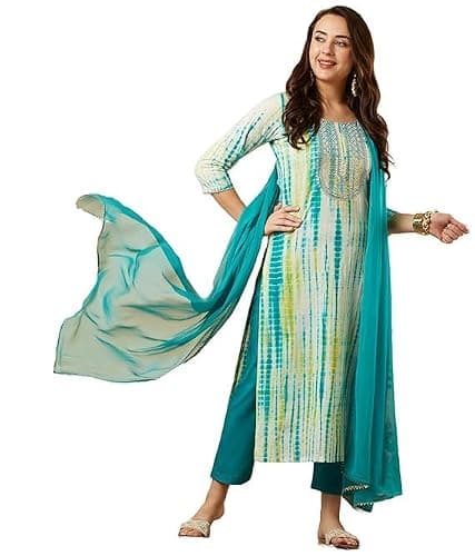 Aashita Creations Straight Women Kurta with Pant & Dupatta (US, Alpha, 3X-Large, Regular, Regular, Blue)