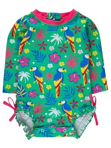 RuffleButts Baby Girls UPF 50+ Sun Protection Tropical Print Long Sleeve One Piece Rash Guard Swimsuit with Zipper - Parrot Palms, 3T