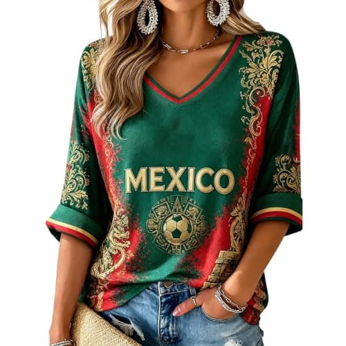 Mexico Soccer Jersey Women 2026 Soccer Cup Jersey Playeras De Mexico Print Jerseys World Soccer Fans Shirts Light Weight Shorts Sleeve V-Neck Athletic Tee Green X-Large