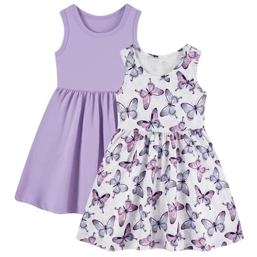 Funnycokid Toddler Girls Dress Sleeveless 2 Pack Kids Summer Sundress Clothes Butterflies Purple 2T