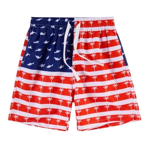 Cozople Red White and Blue Swim Trunks Comfort Mesh Liner Swimming Trunks with Side Pockets Summer Quick Dry USA Flag Bathing Suit for Size 9-10