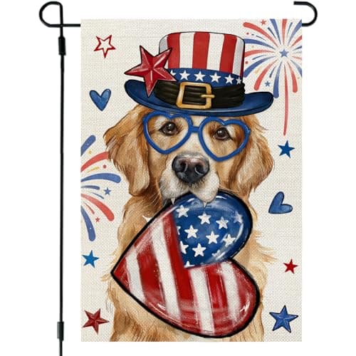 CROWNED BEAUTY 4th of July Garden Flag Patriotic Dog 12x18 Inch Double Sided Small Blue Stars Red Stripes Heart Seasonal Holiday Decoration for Outside Yard