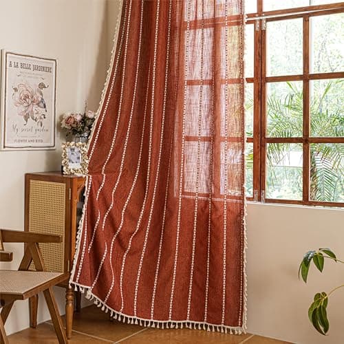 Sutuo Home Terracotta Boho Farmhouse Curtains for Bedroom Dining Room, Bohemian Orange Light Filtering Vintage Tassels Privacy Window Treatment Embroidery Drape, Rod Pocket 1 Panel 52" W x 96" L