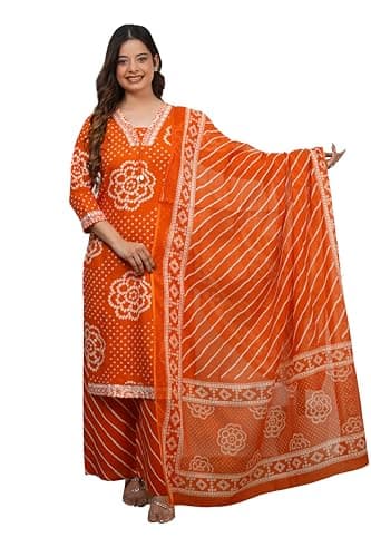 OUTFITARA FASHION AS UNIQUE AS YOU ARE Women's Bandhani Printed Embroidered Kurta Set with Dupatta & Palazzo Pants, 3-Piece Ethnic Indian Outfit, Rayon Material, Summer Dress (Rust, X-Large)
