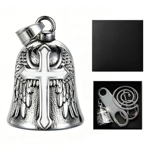Motorcycle Guardian Bell for Bikers, Silver Angel Wings Cross Gremlin Bell with Necklace Chain, Heavy Metal Good Luck Protection Charm, Motorcycle Accessories Biker Gift for Men Women