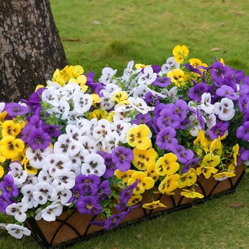 SupBri Artificial Silk Pansy Flowers with Decorative Butterflies, UV Resistant Waterproof No Fade Fake Flowers (White Purple Yellow, 12 Bundles) $8.49