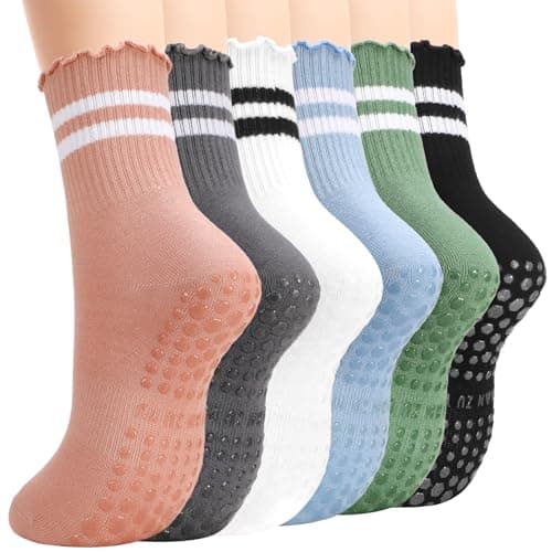 scenicamp 6 Pairs Pilates Socks With Grips for Women,Ruffled Striped Yoga Crew Socks for Barre Hospital Sticky Slipper