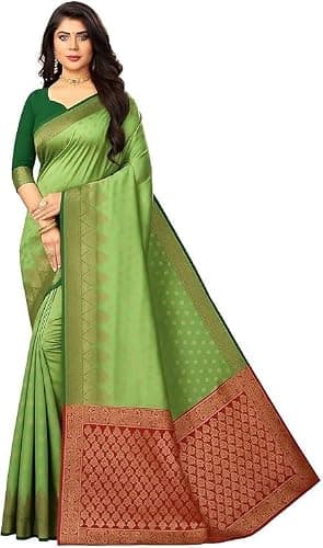 AD CREATION Women’s Banarasi Silk Saree with Golden Zari Border Elegant Festive & Wedding Wear with Unstitched Blouse Piece (Light Green & Red)
