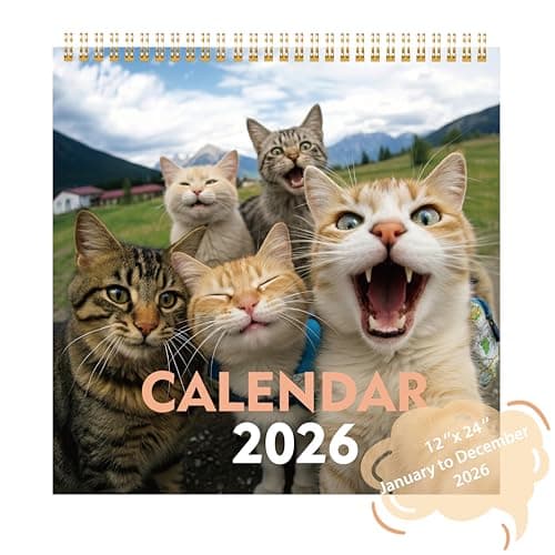ADUN Stationery 2026 Cat Selfies Wall Calendar | Sweet Multi-Breed Cats & Kittens Calendar | 12 Month | 12" x 24" Open | Thick & Sturdy Paper | Gift for Cat Lovers, Men, Women, Kids