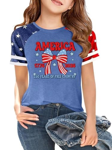 Ithalt Kids 250th Anniversary USA Shirt Girls Boys American Flag Tshirt USA Patriotic Top Independence Day Outfit 5-13y(ABlue2,150)
