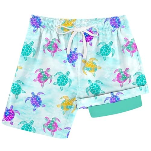 Cozople Boys Swim Trunks Sea Turtle Swim Short with Boxer Brief Liner Swimsuit Pink Compression Swimwear UPF Stretchy Bathing Suit for Outdoor Size 10-12